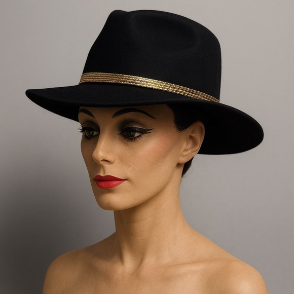 Accessories - Vintage Black Wool Felt Western Hat Gold Croc Band‎ Made USA Medium